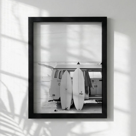 Surfboard Van Poster, Black White Beach Art, Vintage Camper Print, Coastal Room Decor, Retro Surf Wall Art, Minimalist Ocean Decor