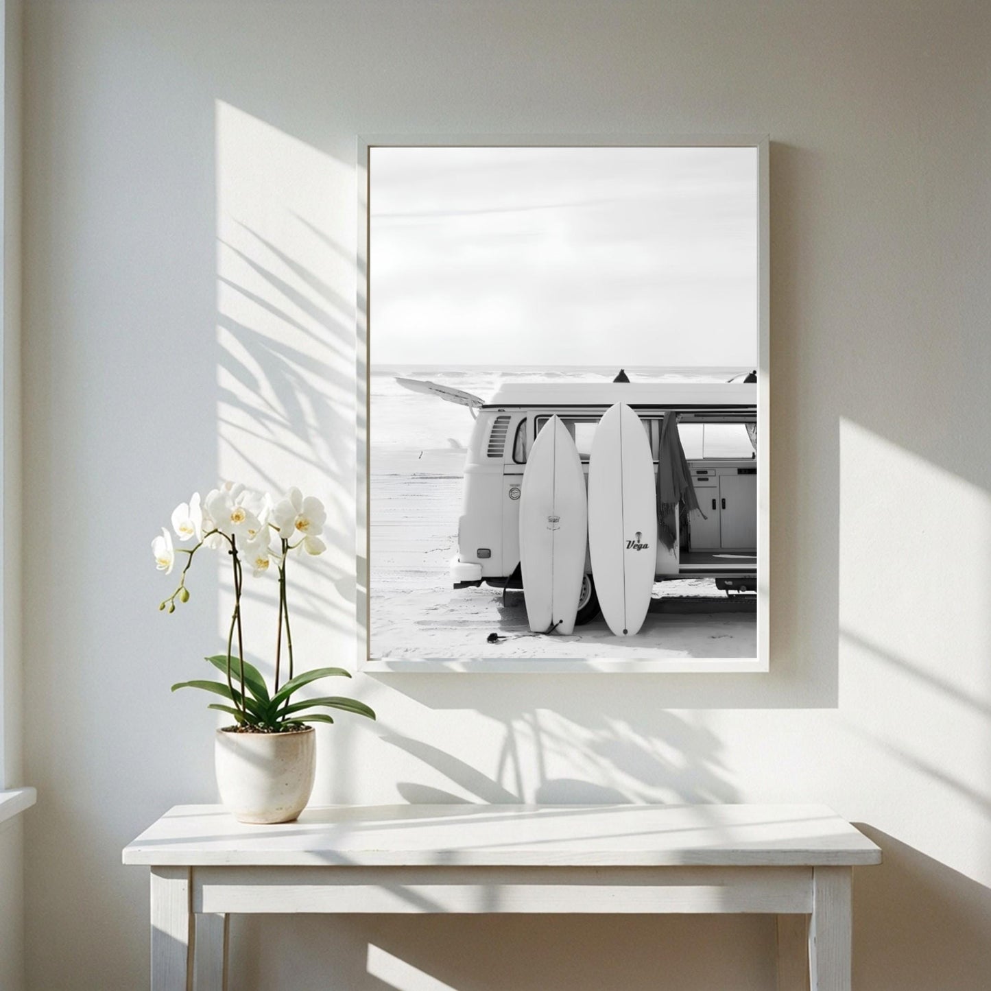 Surfboard Van Poster, Black White Beach Art, Vintage Camper Print, Coastal Room Decor, Retro Surf Wall Art, Minimalist Ocean Decor