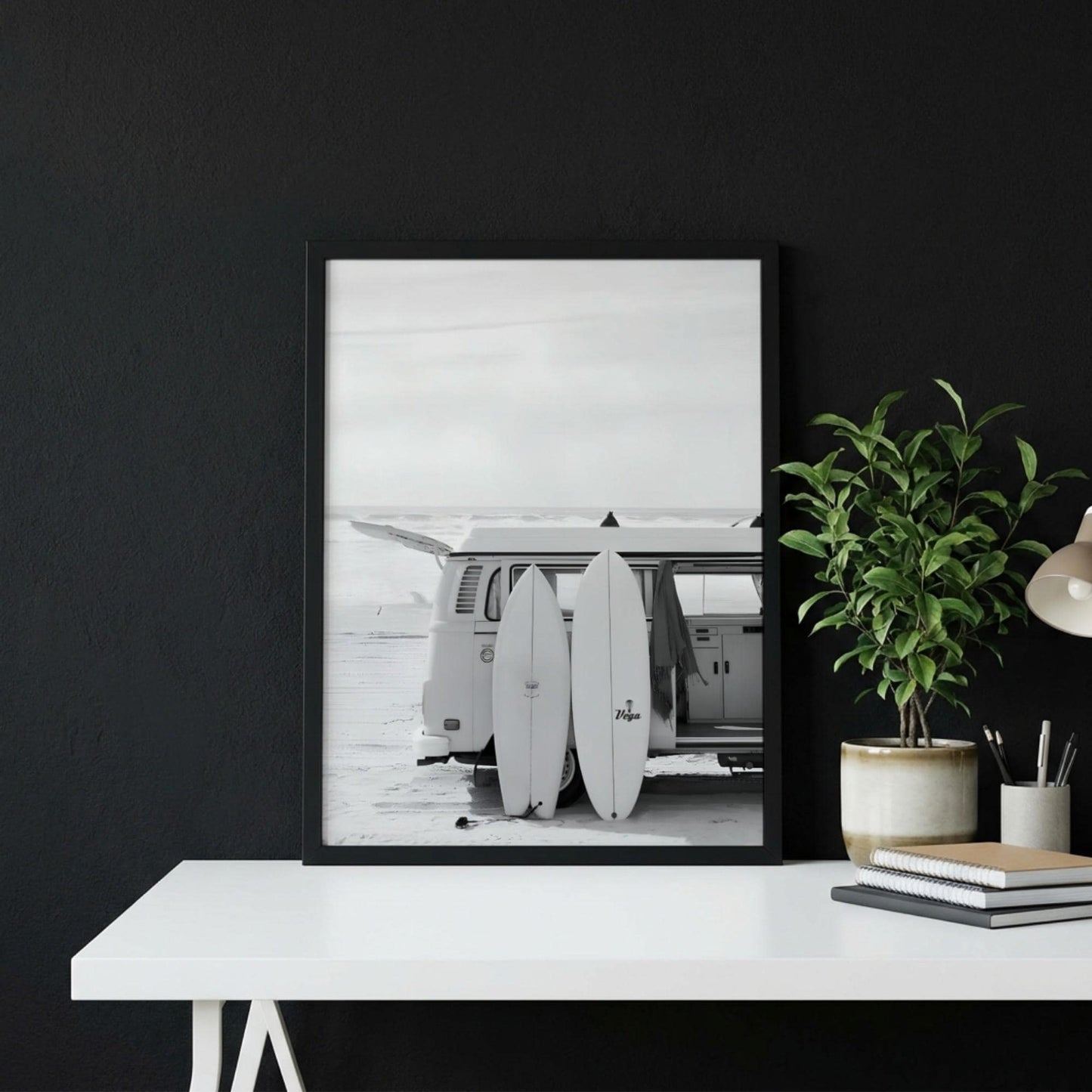 Surfboard Van Poster, Black White Beach Art, Vintage Camper Print, Coastal Room Decor, Retro Surf Wall Art, Minimalist Ocean Decor