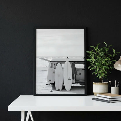 Surfboard Van Poster, Black White Beach Art, Vintage Camper Print, Coastal Room Decor, Retro Surf Wall Art, Minimalist Ocean Decor