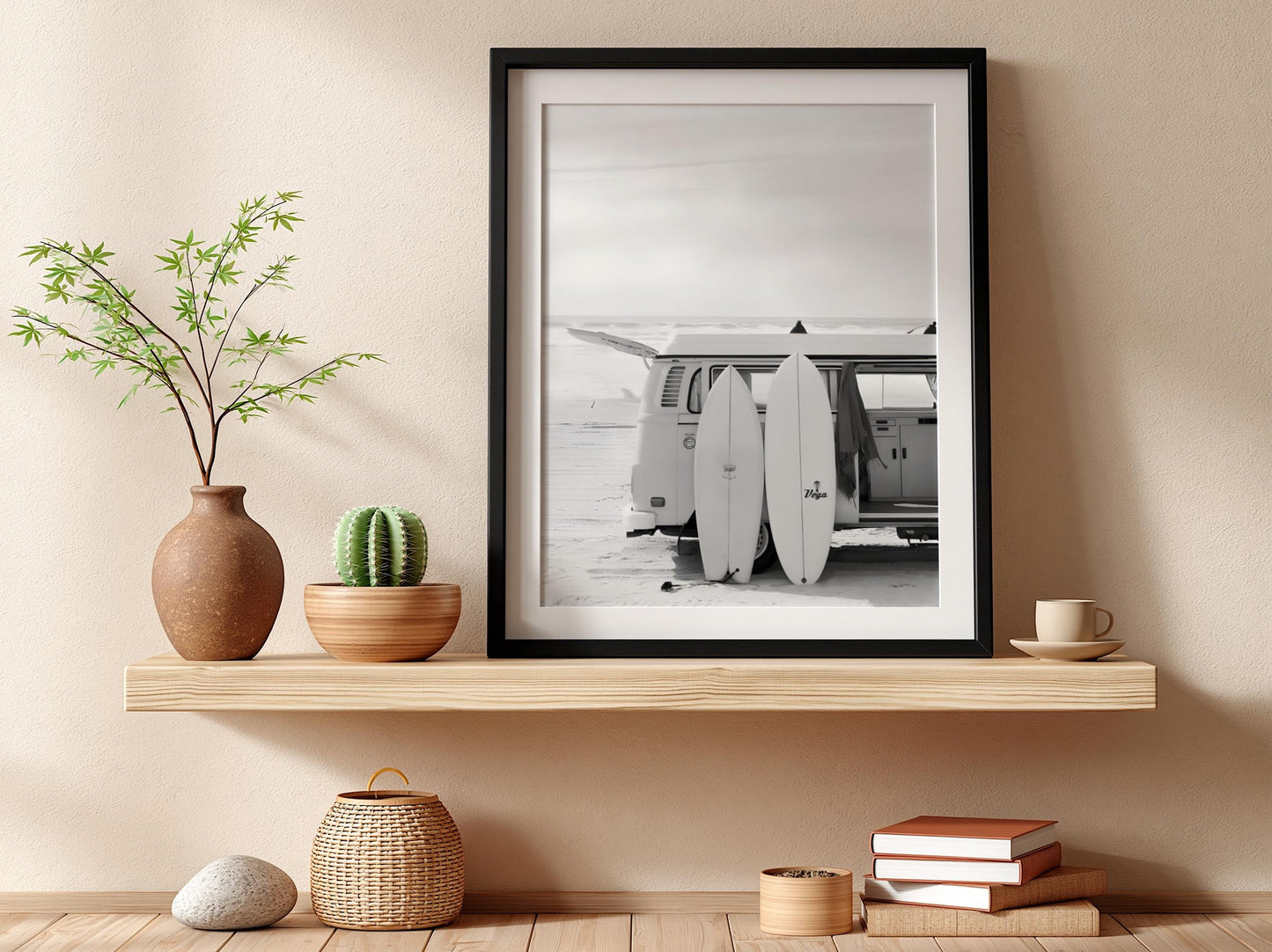 Surfboard Van Poster, Black White Beach Art, Vintage Camper Print, Coastal Room Decor, Retro Surf Wall Art, Minimalist Ocean Decor
