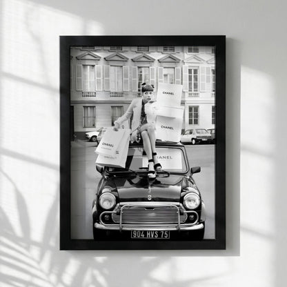 Paris Fashion Poster, Vintage Car Wall Art, Black White Print, Luxury Shopping Decor, Chic Room Decor, Designer Bag Print, Retro Glamour
