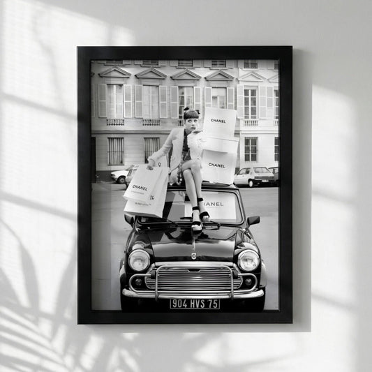 Paris Fashion Poster, Vintage Car Wall Art, Black White Print, Luxury Shopping Decor, Chic Room Decor, Designer Bag Print, Retro Glamour
