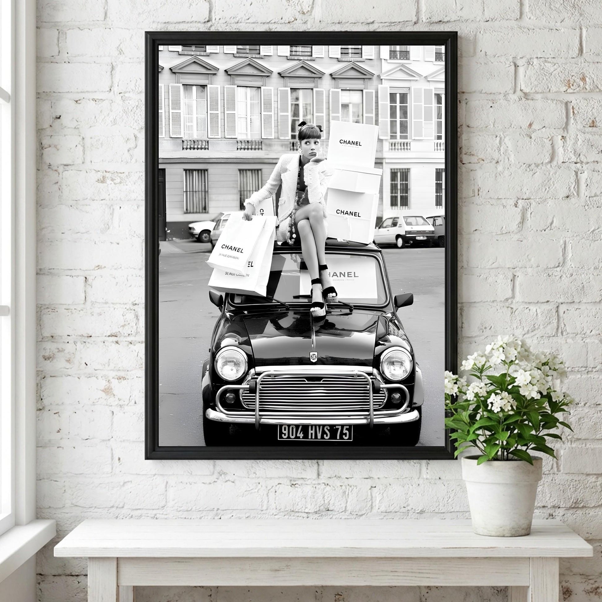 Paris Fashion Poster, Vintage Car Wall Art, Black White Print, Luxury Shopping Decor, Chic Room Decor, Designer Bag Print, Retro Glamour