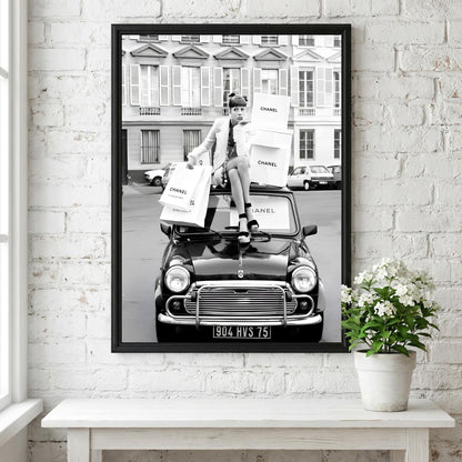 Paris Fashion Poster, Vintage Car Wall Art, Black White Print, Luxury Shopping Decor, Chic Room Decor, Designer Bag Print, Retro Glamour