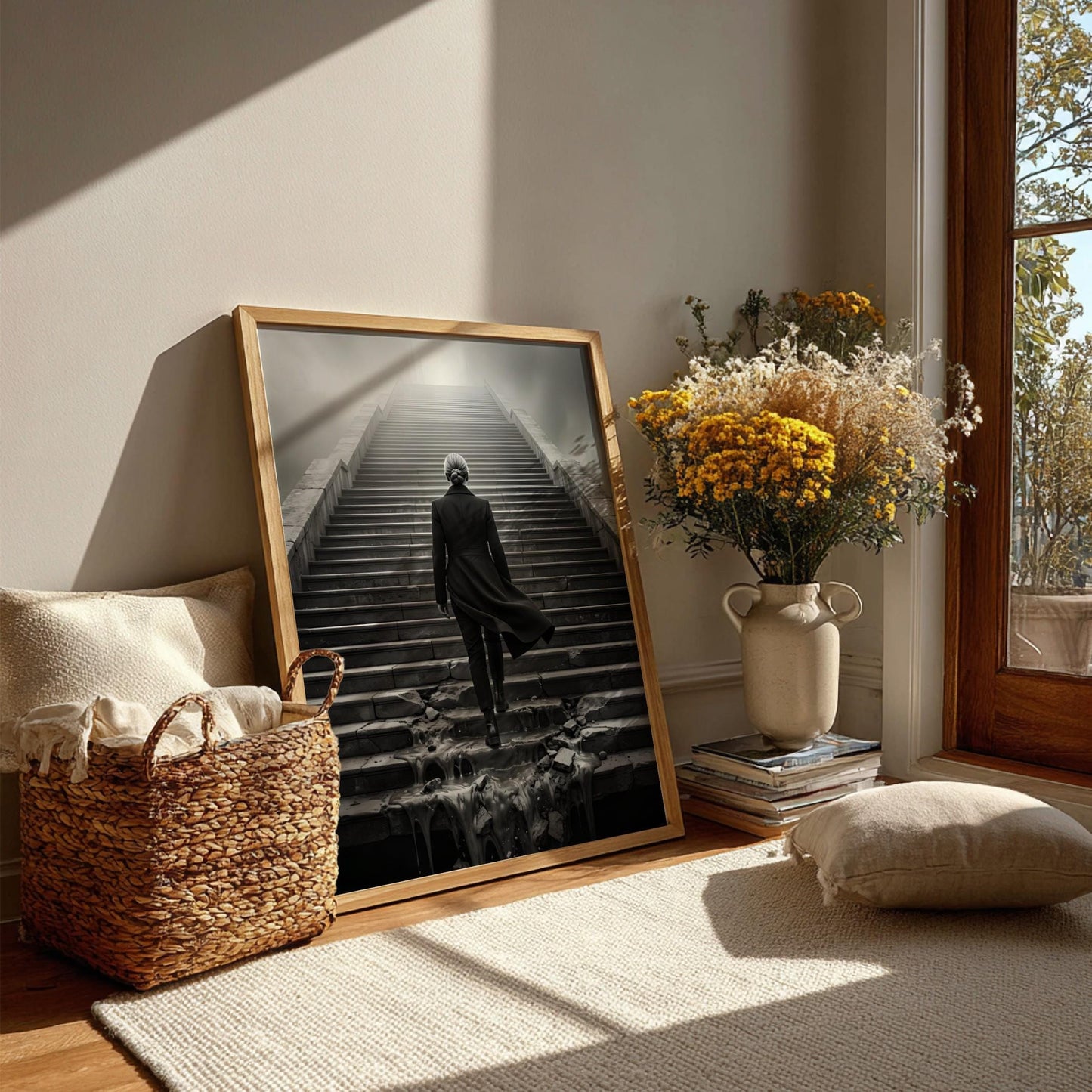 Overcoming Obstacles Print | Woman Ascending Stairs Poster | Black and White Motivational Wall Art | Resilience & Success Decor