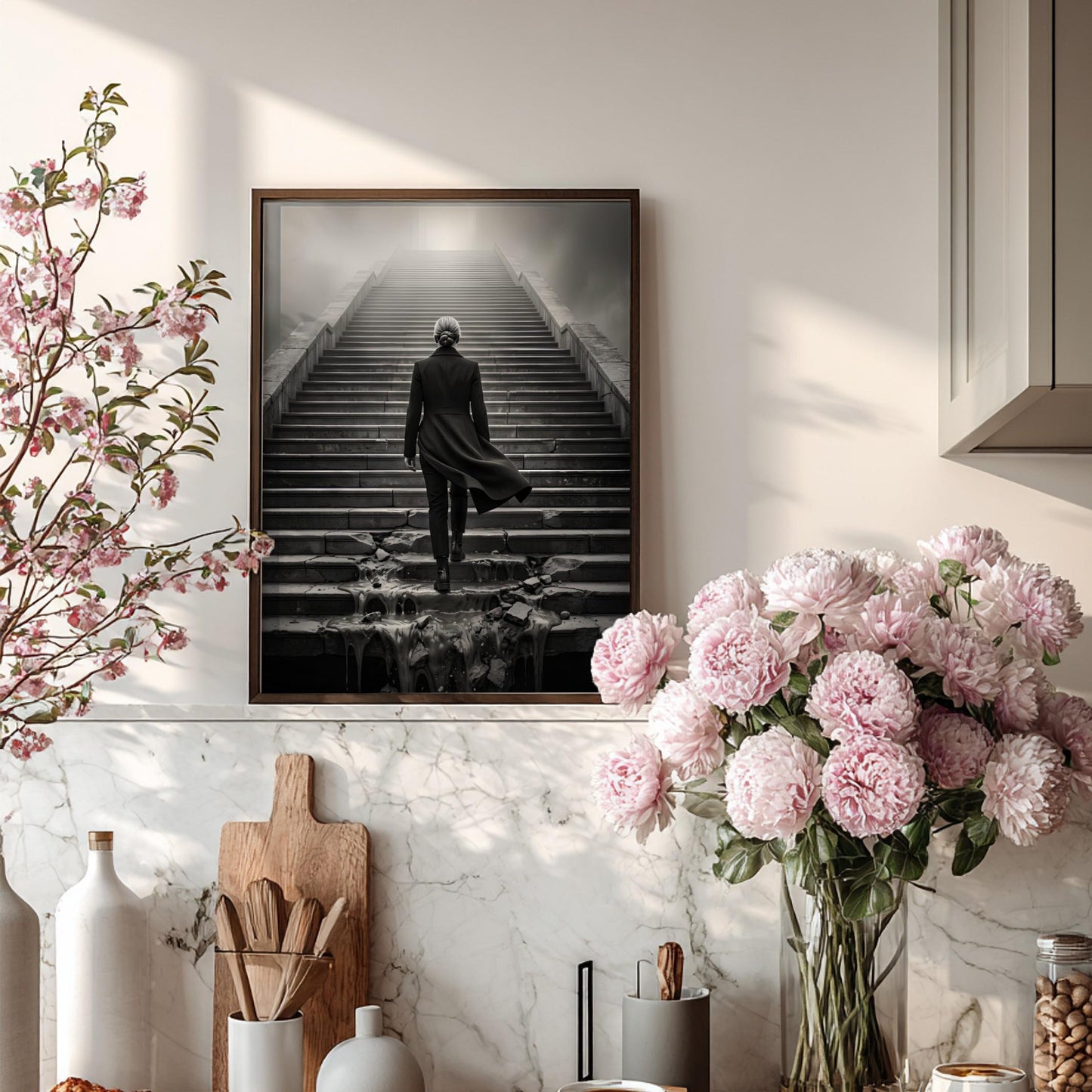 Overcoming Obstacles Print | Woman Ascending Stairs Poster | Black and White Motivational Wall Art | Resilience & Success Decor
