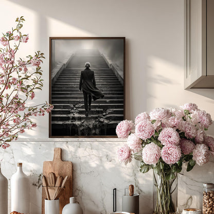 Overcoming Obstacles Print | Woman Ascending Stairs Poster | Black and White Motivational Wall Art | Resilience & Success Decor