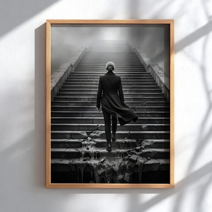 Overcoming Obstacles Print | Woman Ascending Stairs Poster | Black and White Motivational Wall Art | Resilience & Success Decor