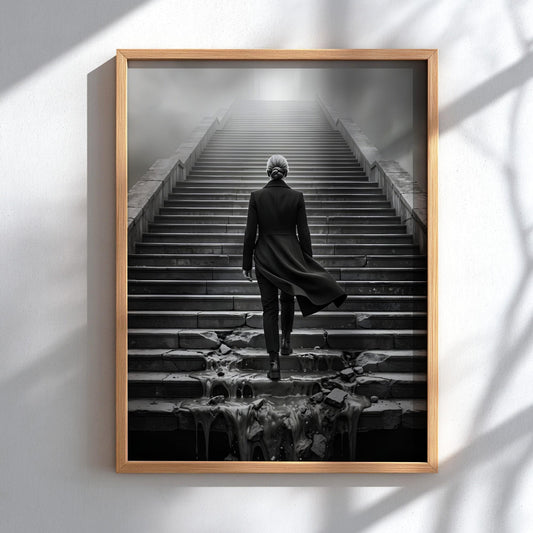 Overcoming Obstacles Print | Woman Ascending Stairs Poster | Black and White Motivational Wall Art | Resilience & Success Decor