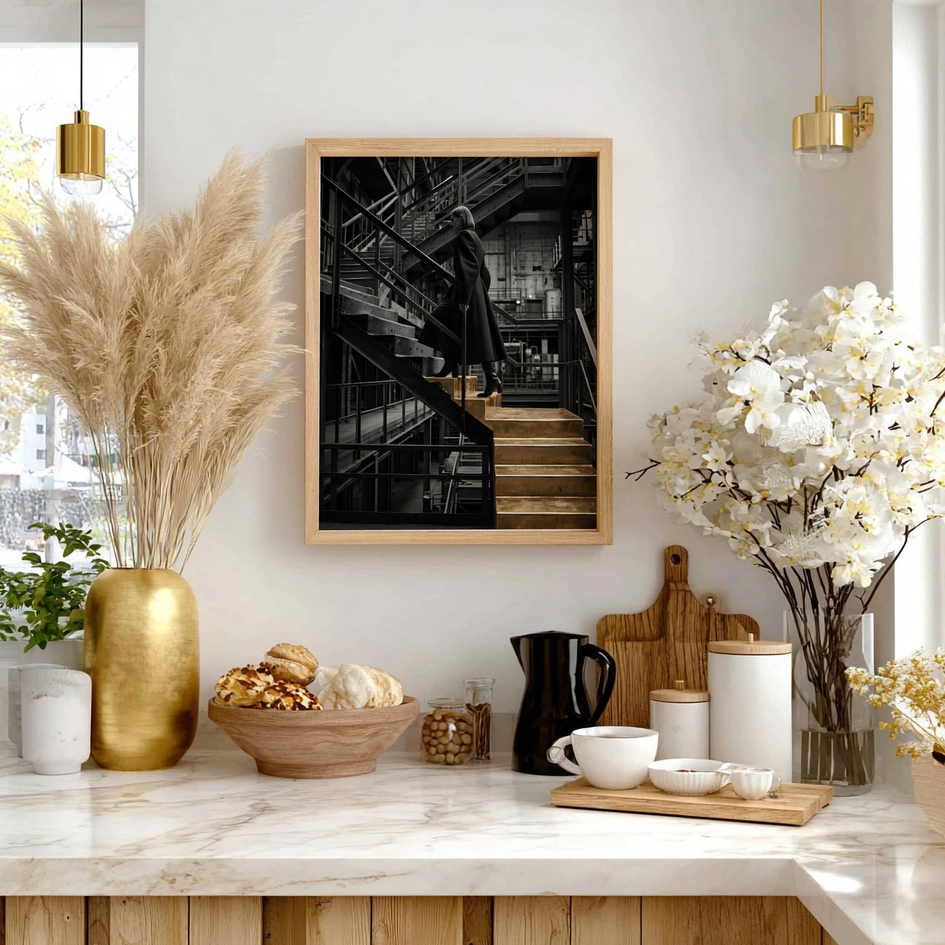 Golden Stairs Print | Woman Climbing Industrial Steps Poster | Ambition Wall Art | Black and Gold Boss Lady Decor
