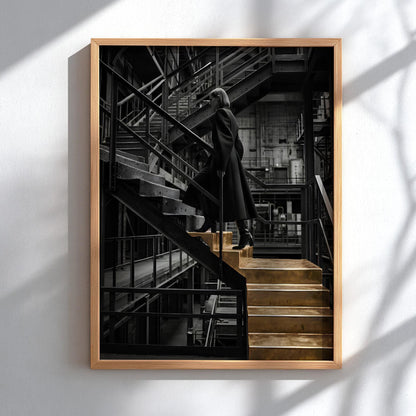Golden Stairs Print | Woman Climbing Industrial Steps Poster | Ambition Wall Art | Black and Gold Boss Lady Decor