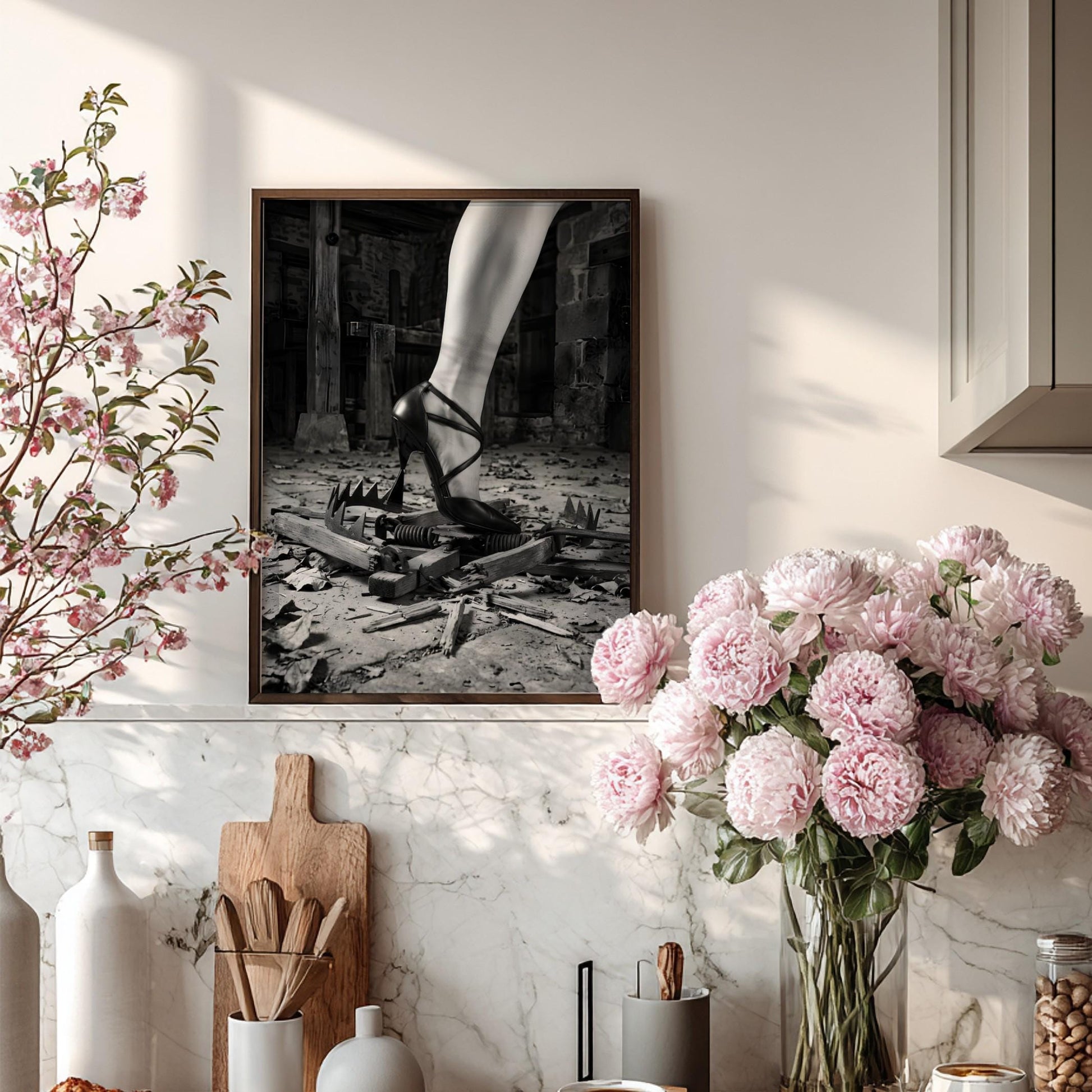Overcoming Obstacles Print | High Heel Crushing Trap Poster | Black and White Motivational Art | Fearless Boss Lady Decor