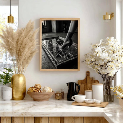 Broken Mirror Print | High Heel Shattered Glass Poster | Edgy Boss Lady Wall Art | Black and White Conceptual Decor