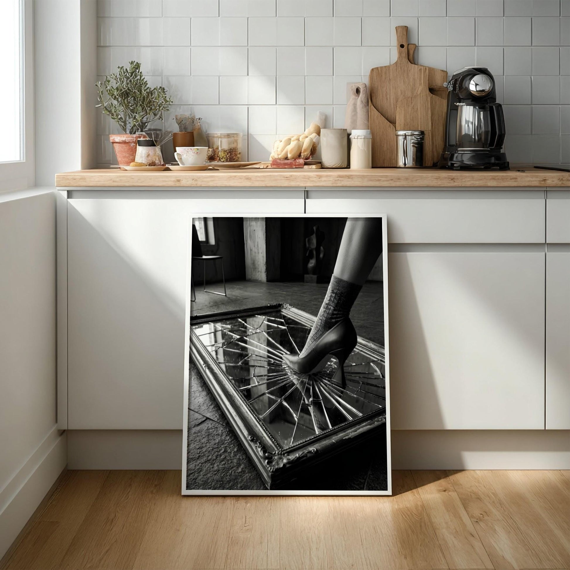 Broken Mirror Print | High Heel Shattered Glass Poster | Edgy Boss Lady Wall Art | Black and White Conceptual Decor