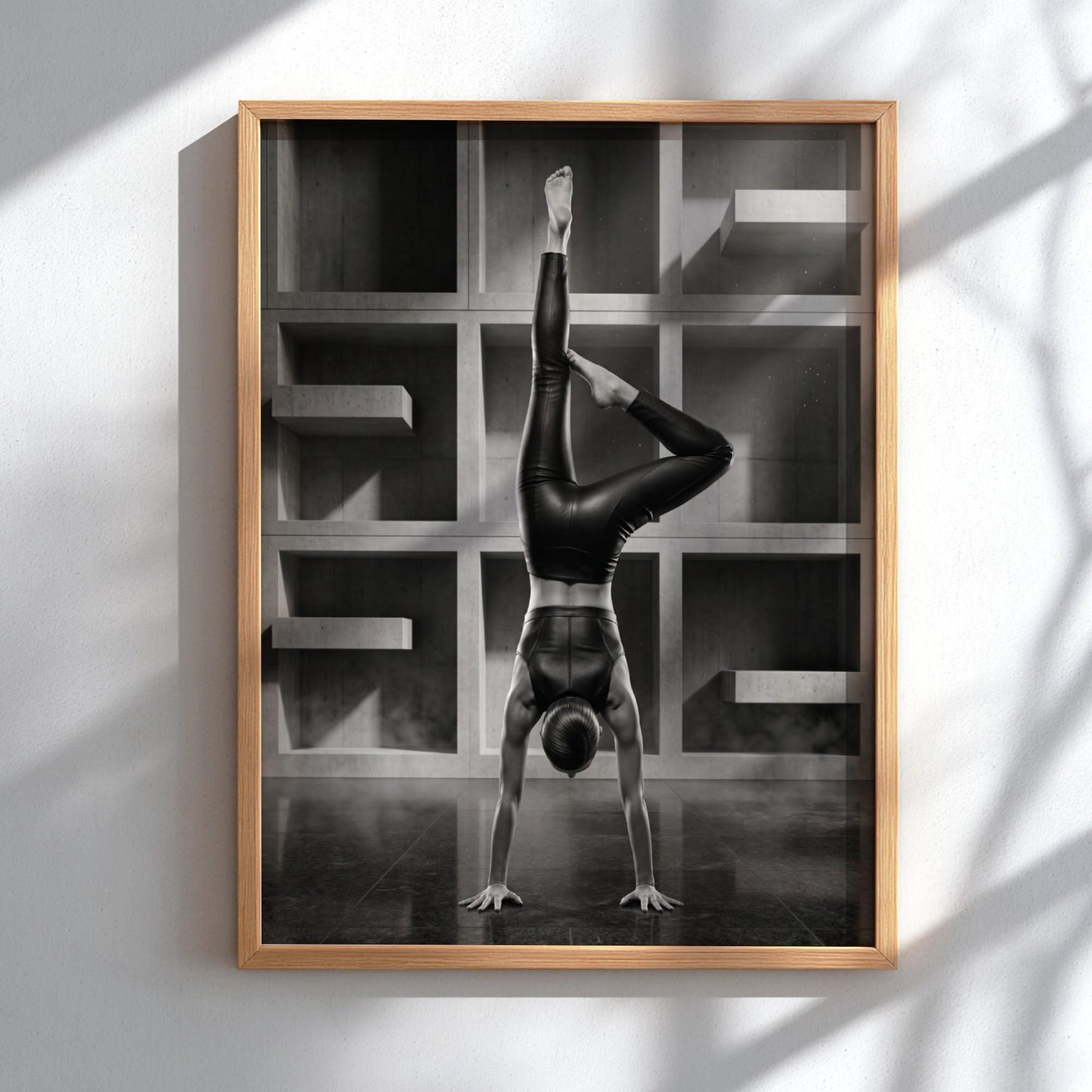 Black and White Yoga Print | Minimalist Handstand Poster | Brutalist Architecture Art | Strong Woman Fitness Decor