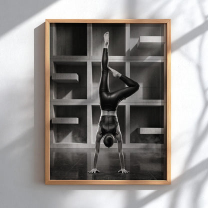 Black and White Yoga Print | Minimalist Handstand Poster | Brutalist Architecture Art | Strong Woman Fitness Decor