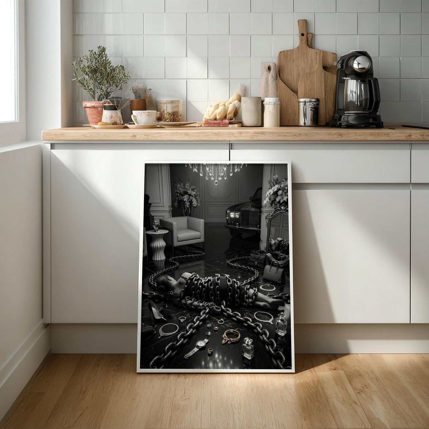 Trapped by Luxury Print | Dark Conceptual Wall Art | Black and White Materialism Poster | Edgy High Fashion Decor