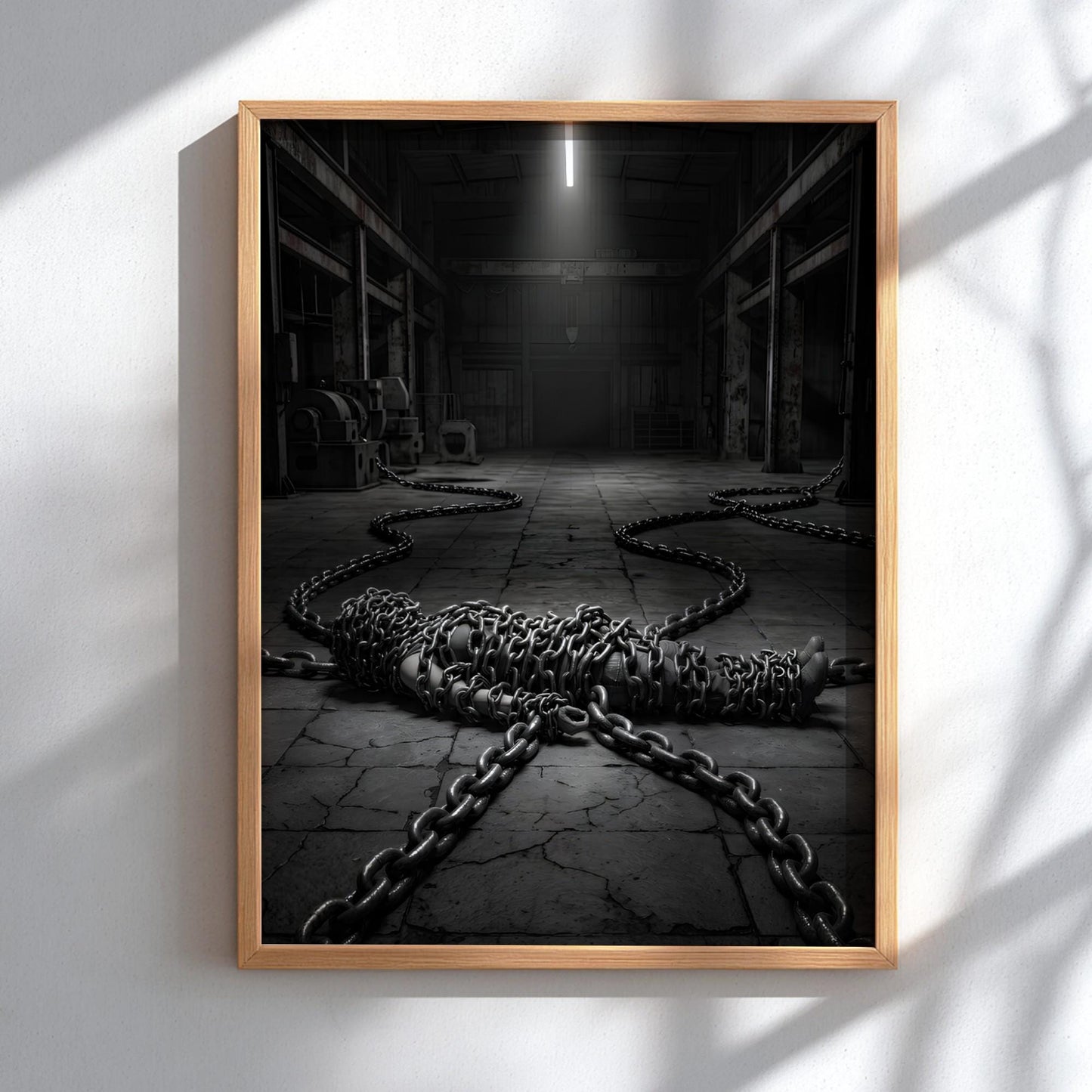 Bound by Chains Print | Dark Industrial Wall Art | Conceptual Black and White Poster | Overcoming Struggle Decor | Gritty Warehouse Art