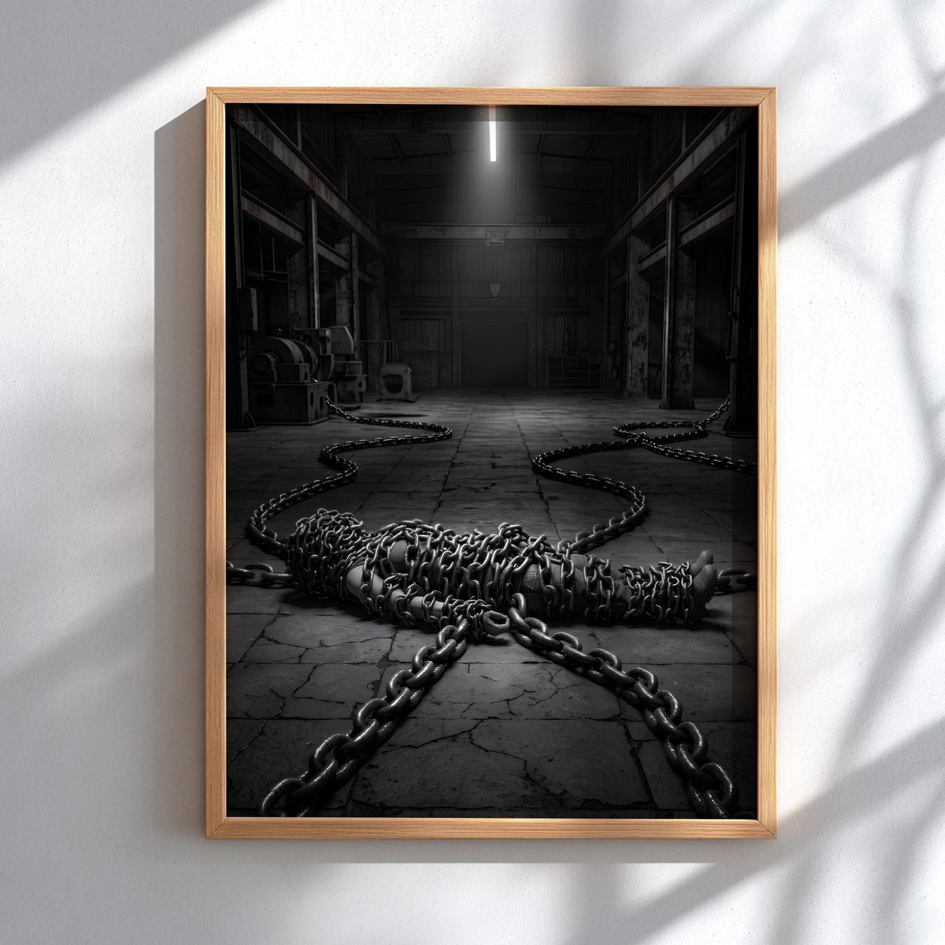Bound by Chains Print | Dark Industrial Wall Art | Conceptual Black and White Poster | Overcoming Struggle Decor | Gritty Warehouse Art