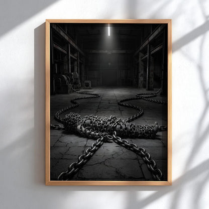 Bound by Chains Print | Dark Industrial Wall Art | Conceptual Black and White Poster | Overcoming Struggle Decor | Gritty Warehouse Art