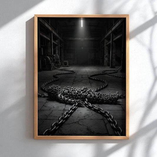 Bound by Chains Print | Dark Industrial Wall Art | Conceptual Black and White Poster | Overcoming Struggle Decor | Gritty Warehouse Art