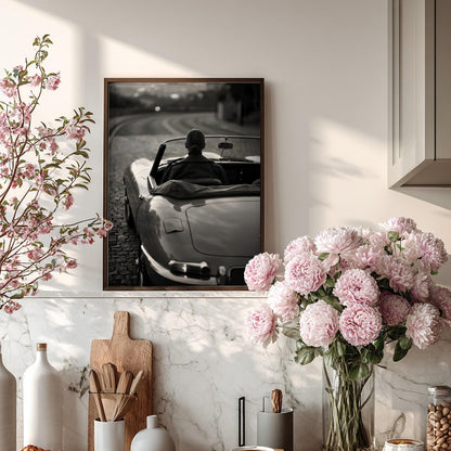 Vintage Convertible Print | Black and White Woman Driving Poster | Classic Car Wall Art | Elegant Luxury Automotive Decor