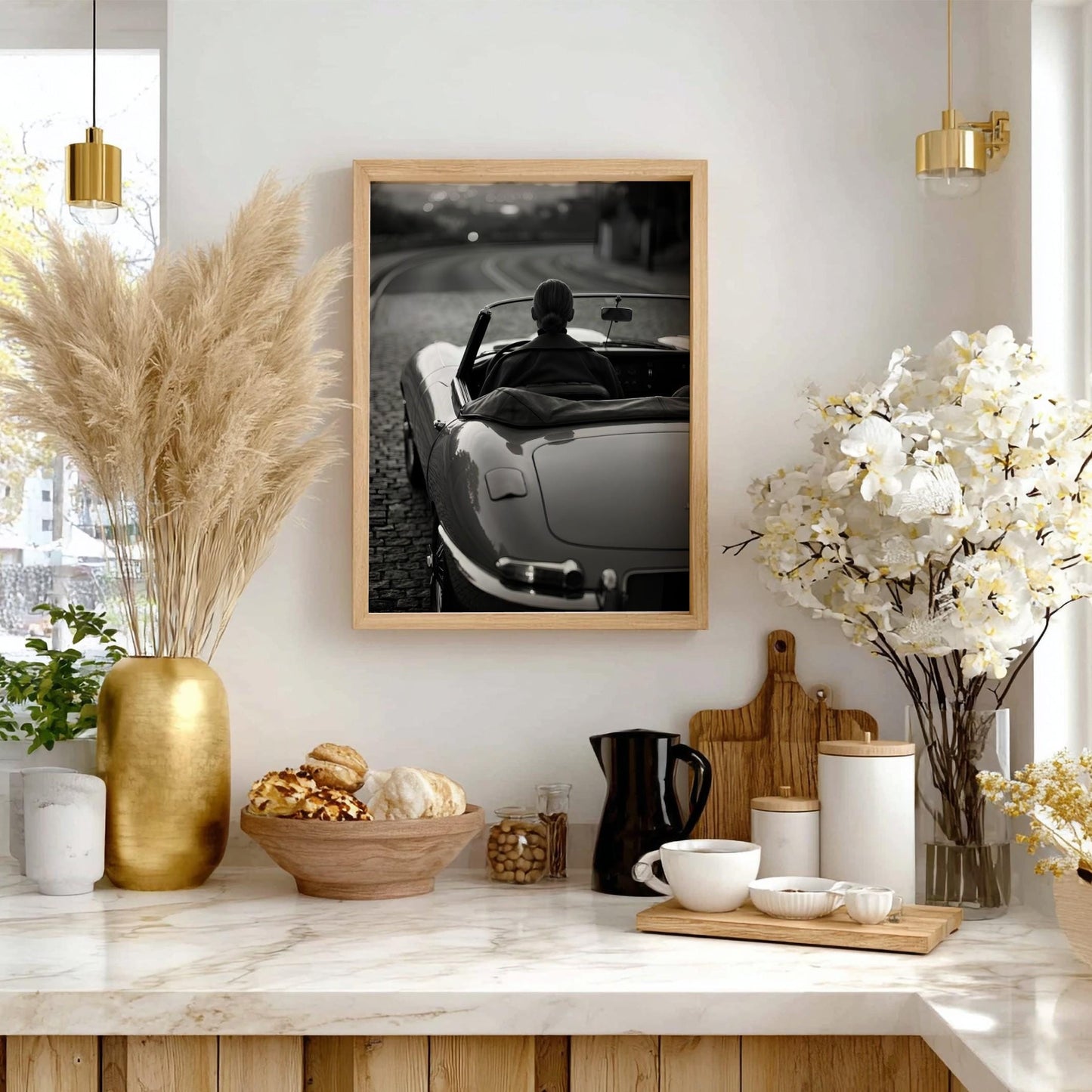 Vintage Convertible Print | Black and White Woman Driving Poster | Classic Car Wall Art | Elegant Luxury Automotive Decor