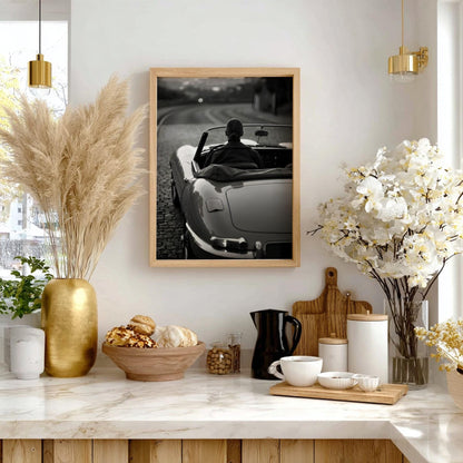 Vintage Convertible Print | Black and White Woman Driving Poster | Classic Car Wall Art | Elegant Luxury Automotive Decor