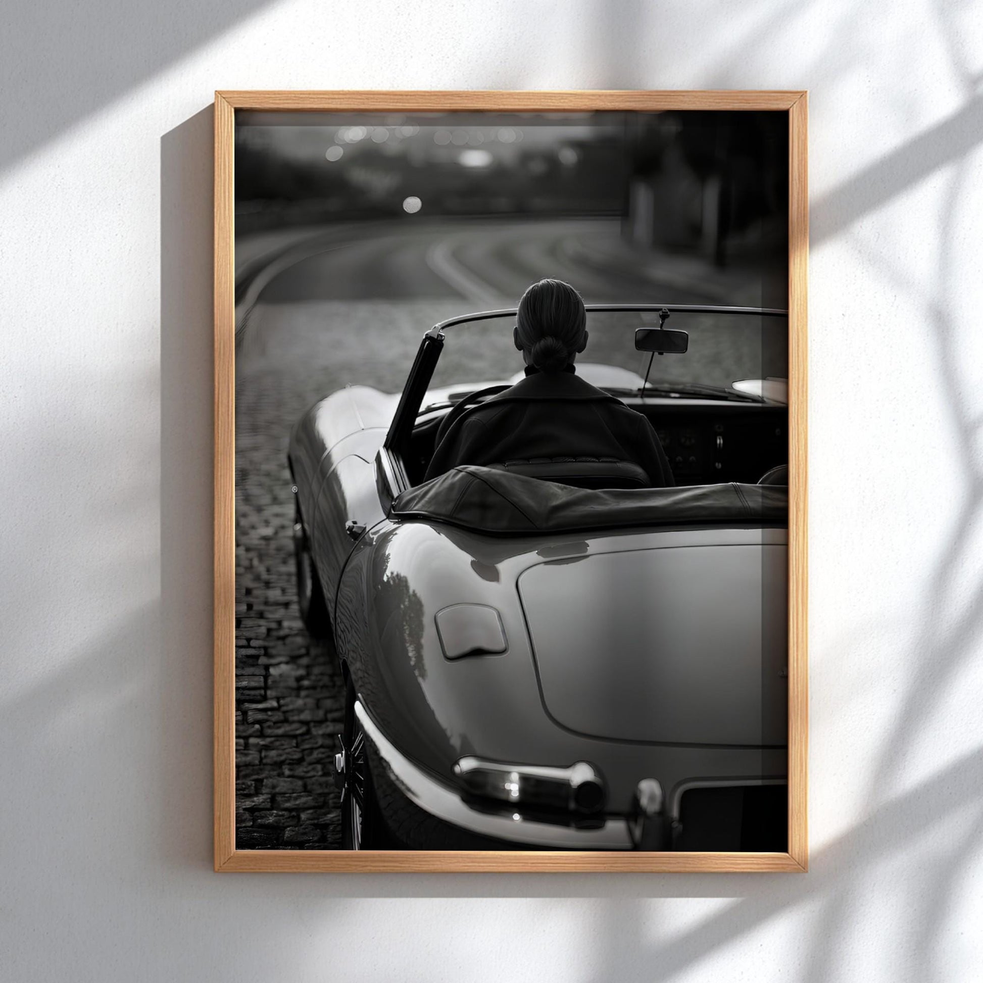 Vintage Convertible Print | Black and White Woman Driving Poster | Classic Car Wall Art | Elegant Luxury Automotive Decor