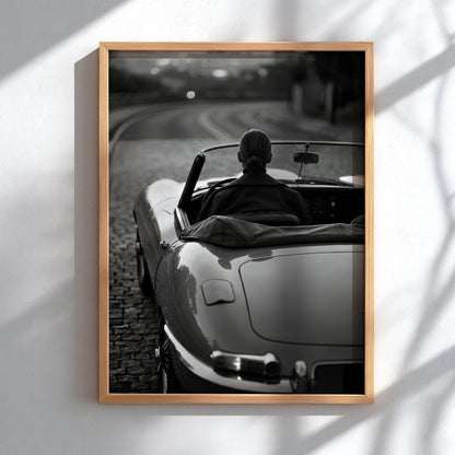 Vintage Convertible Print | Black and White Woman Driving Poster | Classic Car Wall Art | Elegant Luxury Automotive Decor