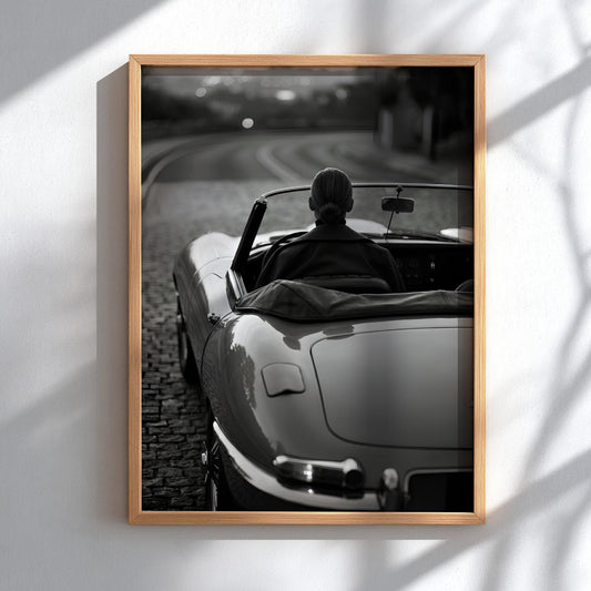 Vintage Convertible Print | Black and White Woman Driving Poster | Classic Car Wall Art | Elegant Luxury Automotive Decor