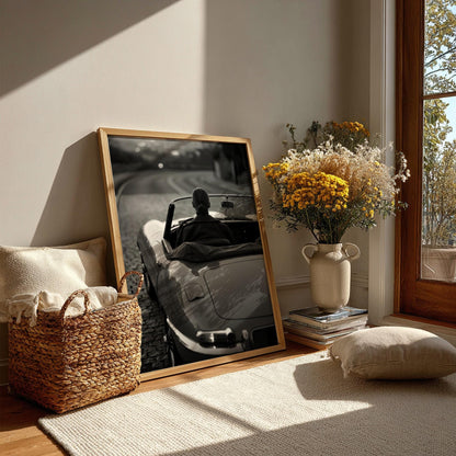 Vintage Convertible Print | Black and White Woman Driving Poster | Classic Car Wall Art | Elegant Luxury Automotive Decor