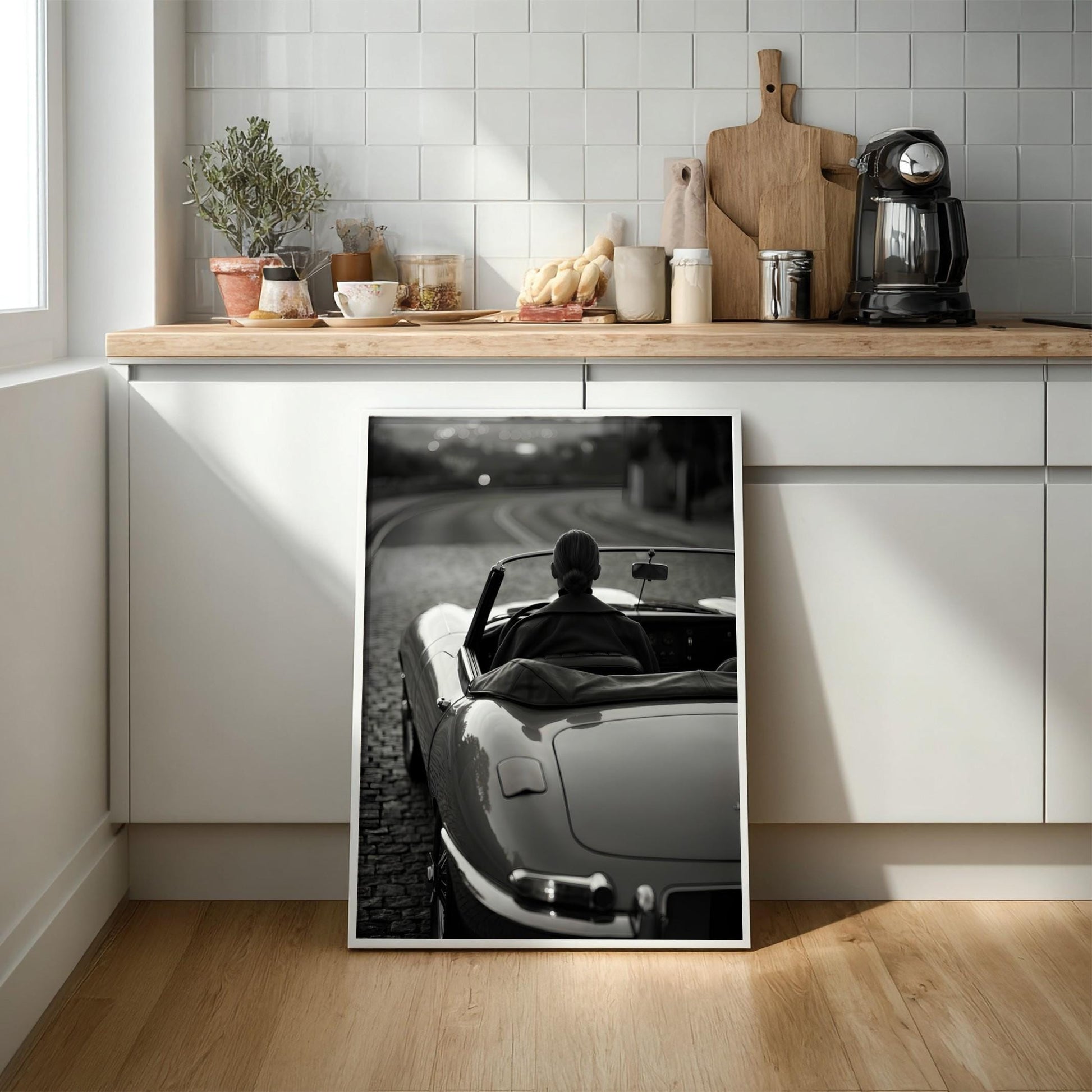 Vintage Convertible Print | Black and White Woman Driving Poster | Classic Car Wall Art | Elegant Luxury Automotive Decor