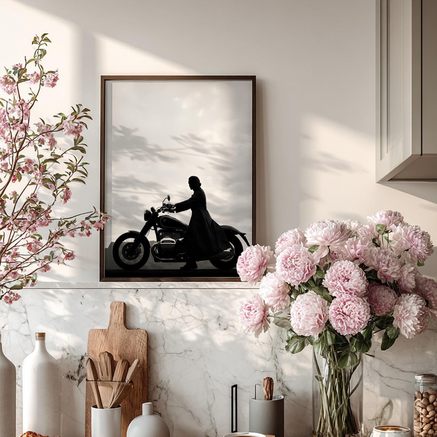 Silhouette Woman on Motorcycle Print | Black and White Biker Poster | Minimalist Motorbike Wall Art | Edgy Boss Lady Decor