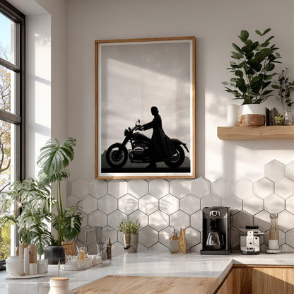 Silhouette Woman on Motorcycle Print | Black and White Biker Poster | Minimalist Motorbike Wall Art | Edgy Boss Lady Decor