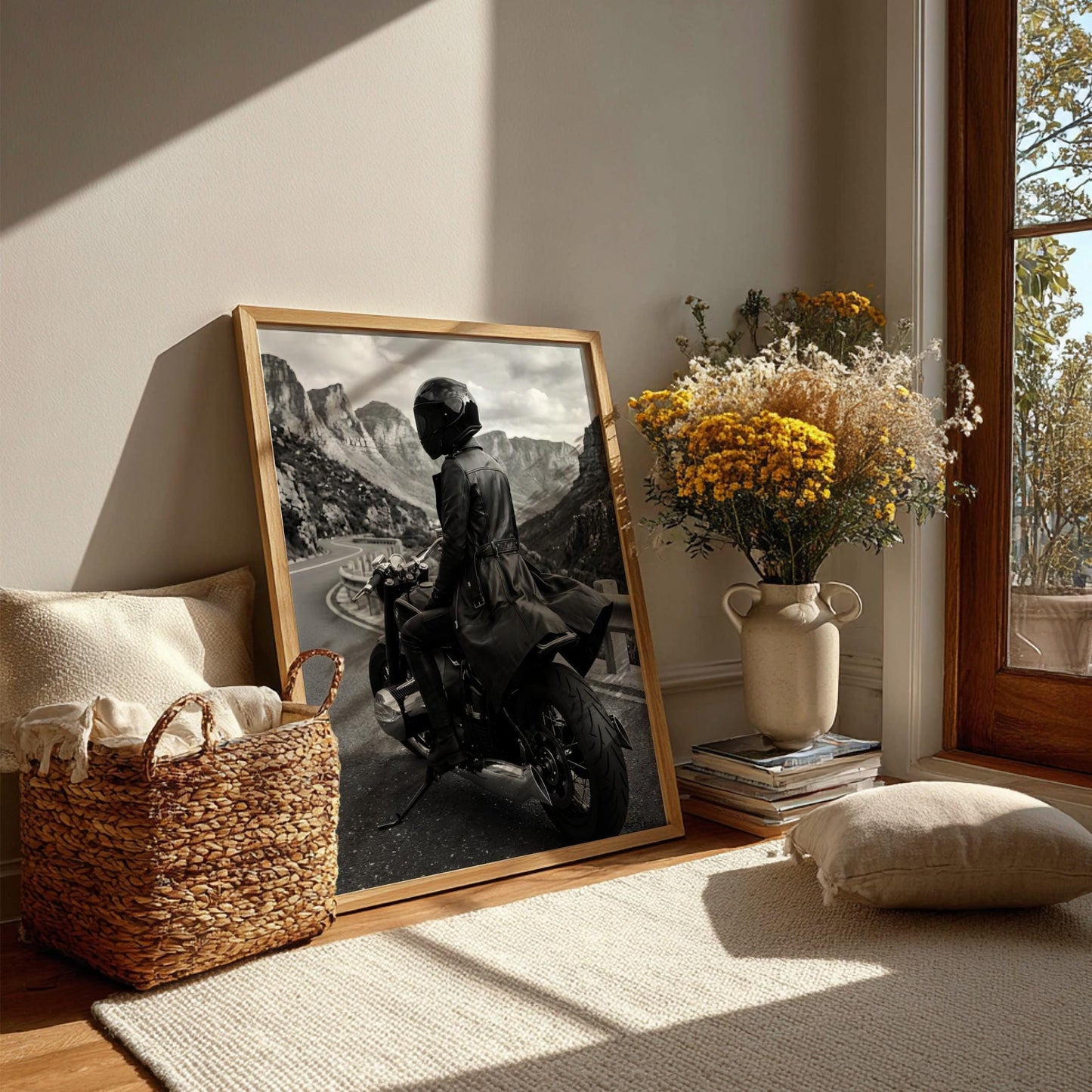 Mysterious Motorcycle Rider Print | Black and White Mountain Road Poster | Edgy Leather Biker Wall Art | Cinematic Adventure Decor