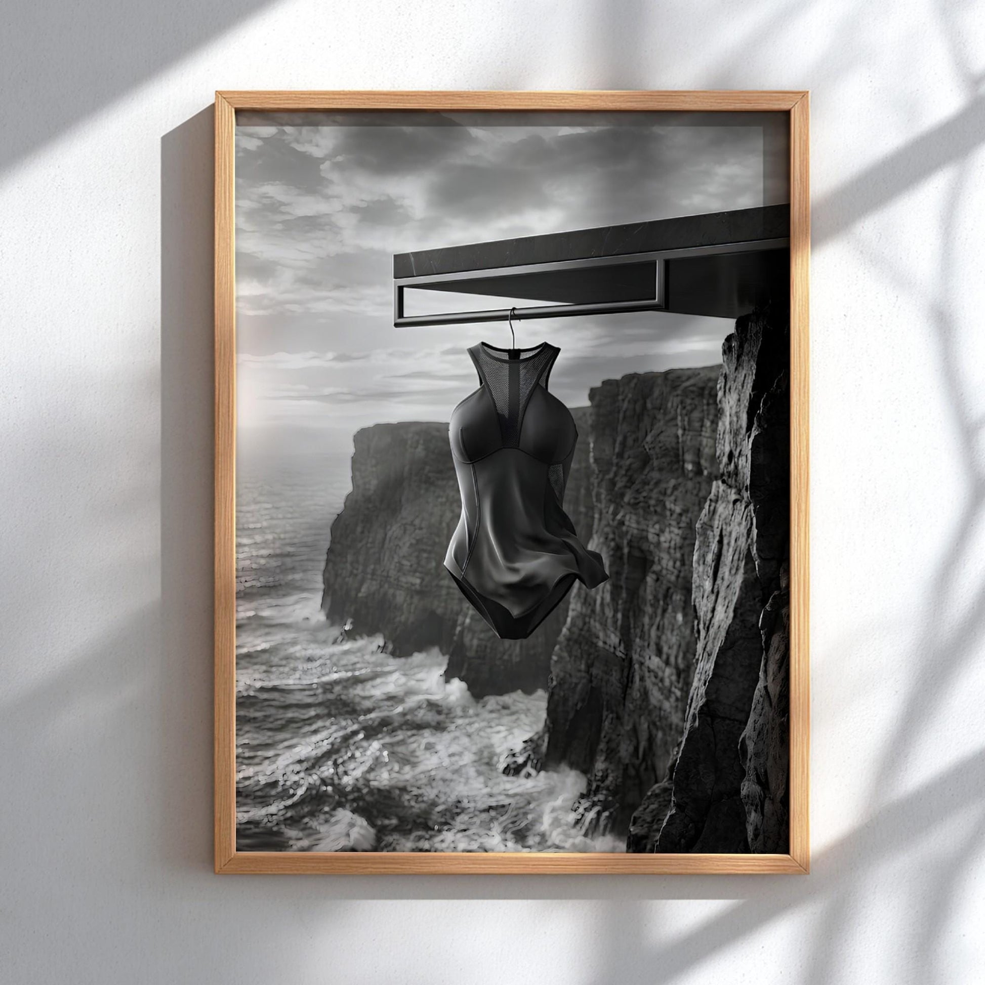 Minimalist Swimsuit Print | Black and White Ocean Cliff Poster | Conceptual Fashion Wall Art | Modern Coastal Decor