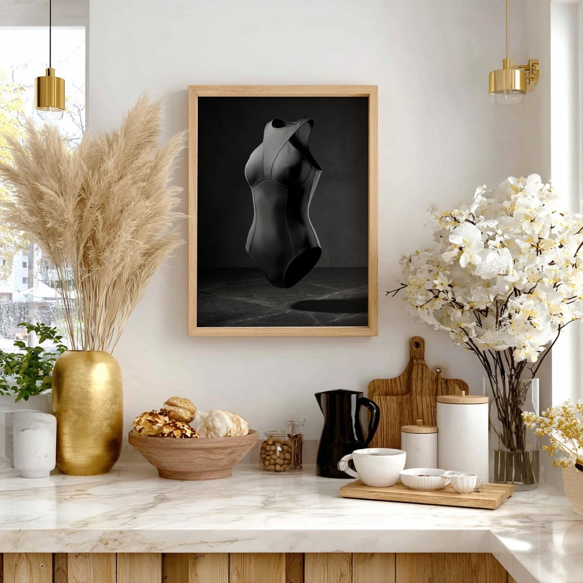 Floating Black Swimsuit Print | Minimalist Fashion Poster | Dark Moody Athletic Wall Art | Contemporary Bodysuit Decor | Chic Dressing Room