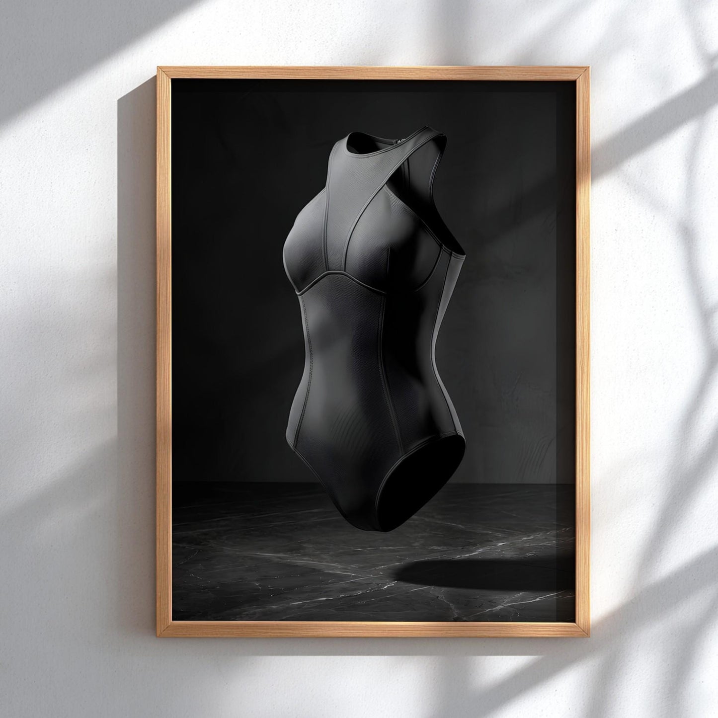 Floating Black Swimsuit Print | Minimalist Fashion Poster | Dark Moody Athletic Wall Art | Contemporary Bodysuit Decor | Chic Dressing Room