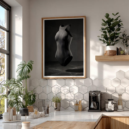 Floating Black Swimsuit Print | Minimalist Fashion Poster | Dark Moody Athletic Wall Art | Contemporary Bodysuit Decor | Chic Dressing Room