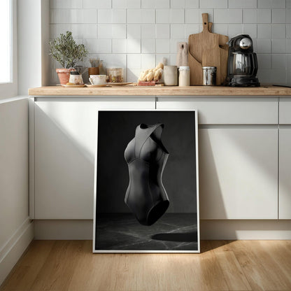 Floating Black Swimsuit Print | Minimalist Fashion Poster | Dark Moody Athletic Wall Art | Contemporary Bodysuit Decor | Chic Dressing Room
