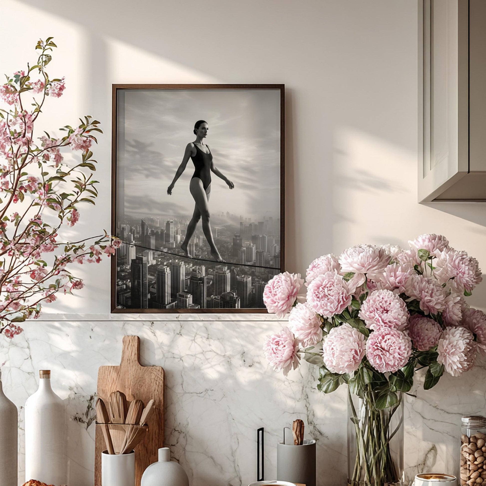 Black and White Surreal Wall Art | Woman on Tightrope City Poster | Urban Skyline Print | Balance Motivation Decor | Conceptual Fine Art