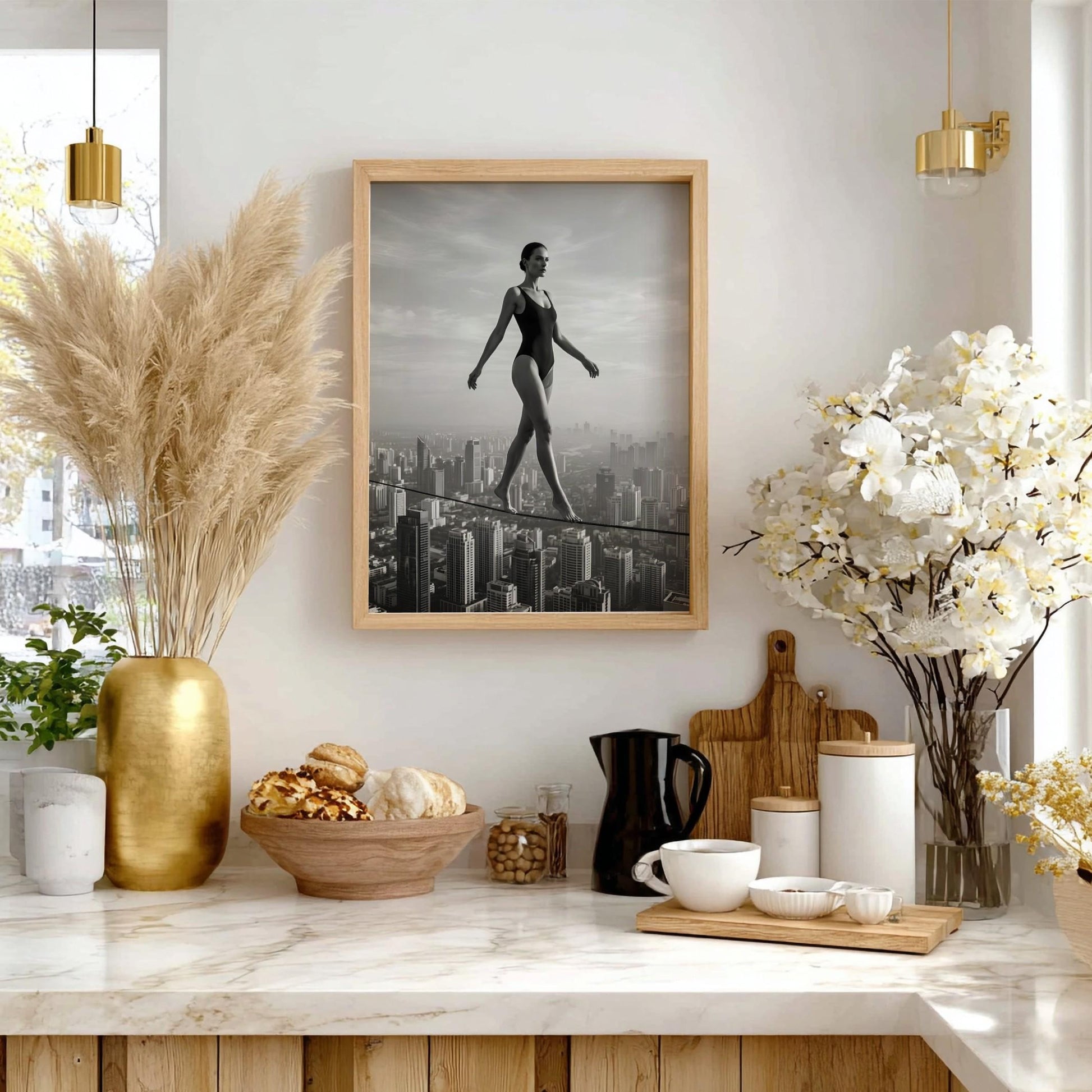 Black and White Surreal Wall Art | Woman on Tightrope City Poster | Urban Skyline Print | Balance Motivation Decor | Conceptual Fine Art