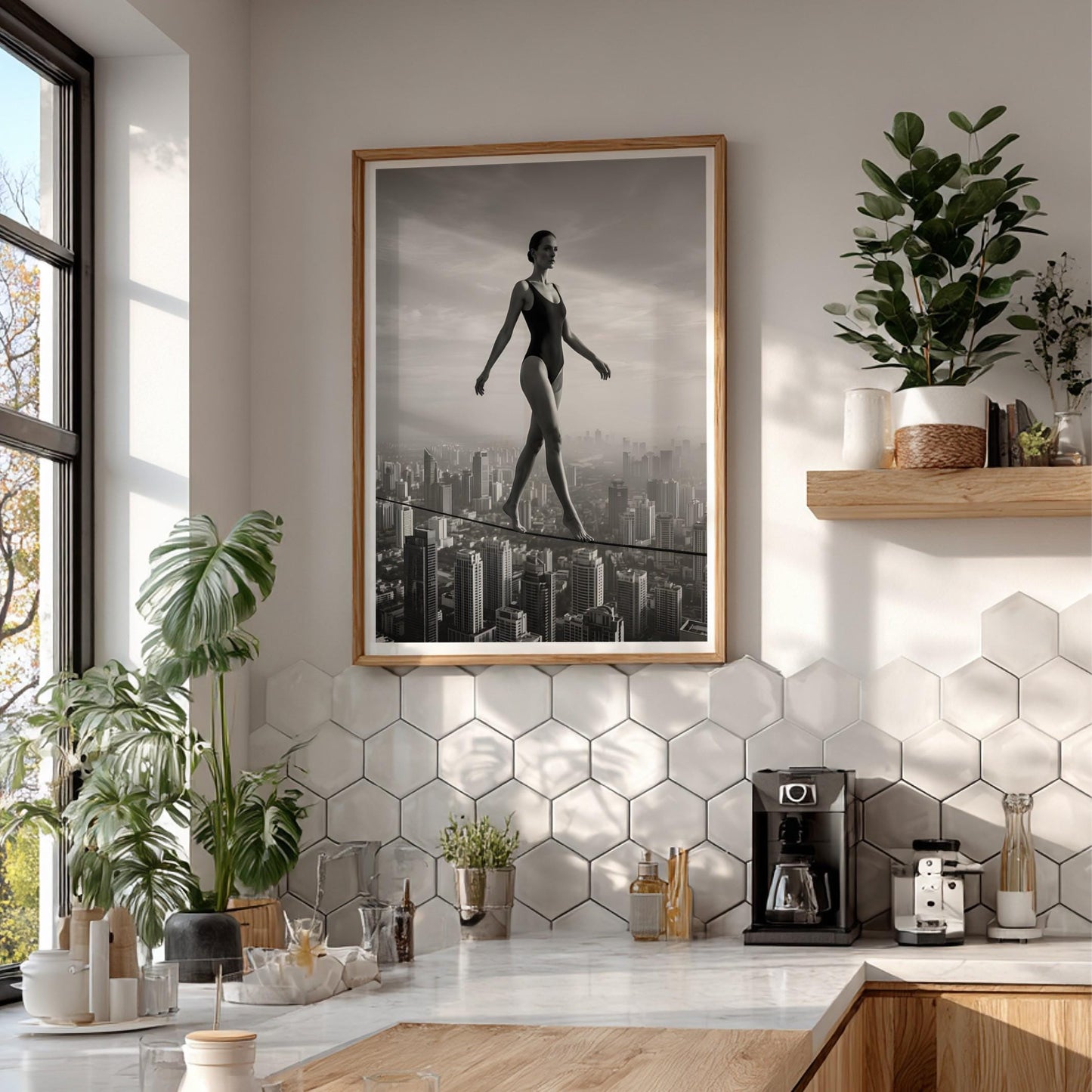 Black and White Surreal Wall Art | Woman on Tightrope City Poster | Urban Skyline Print | Balance Motivation Decor | Conceptual Fine Art