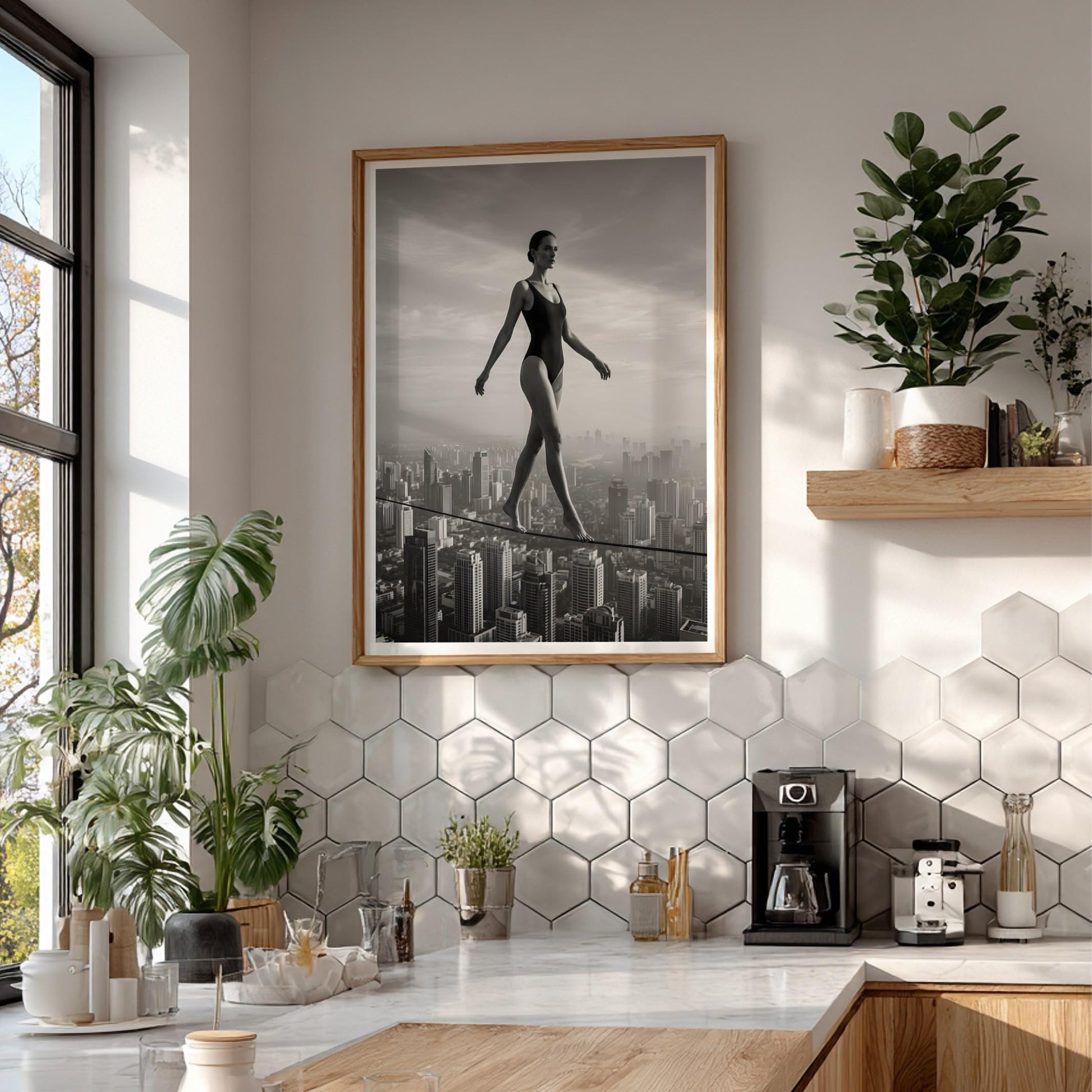 Black and White Surreal Wall Art | Woman on Tightrope City Poster | Urban Skyline Print | Balance Motivation Decor | Conceptual Fine Art