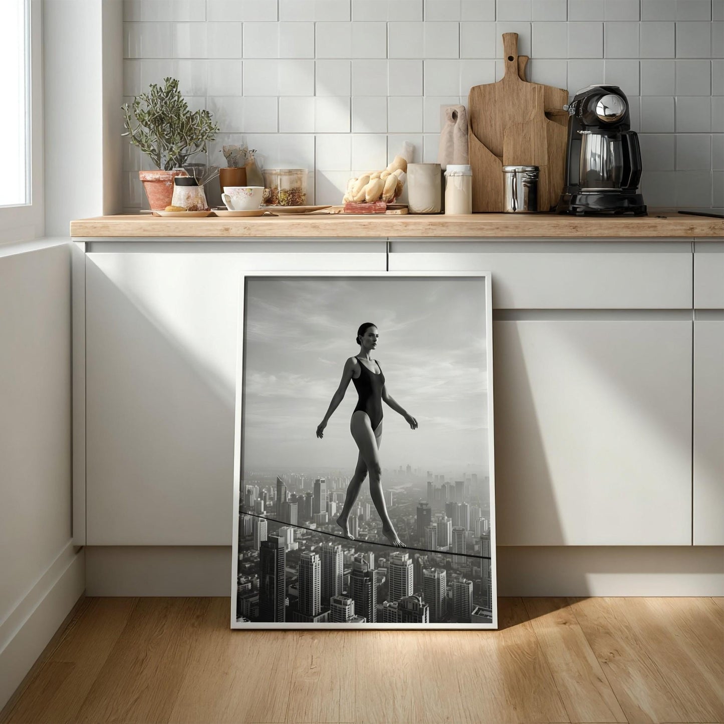 Black and White Surreal Wall Art | Woman on Tightrope City Poster | Urban Skyline Print | Balance Motivation Decor | Conceptual Fine Art