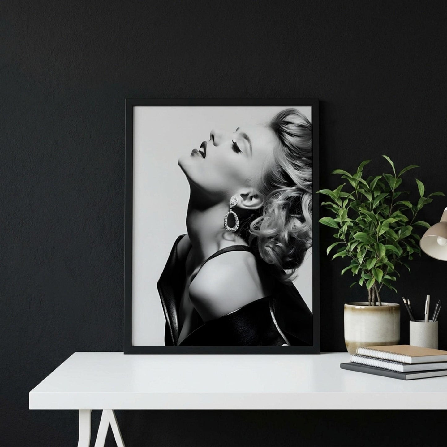 Scarlett Johansson | Black White Portrait | Leather Jacket Art | Retro Glamour Print | Edgy Fashion Poster