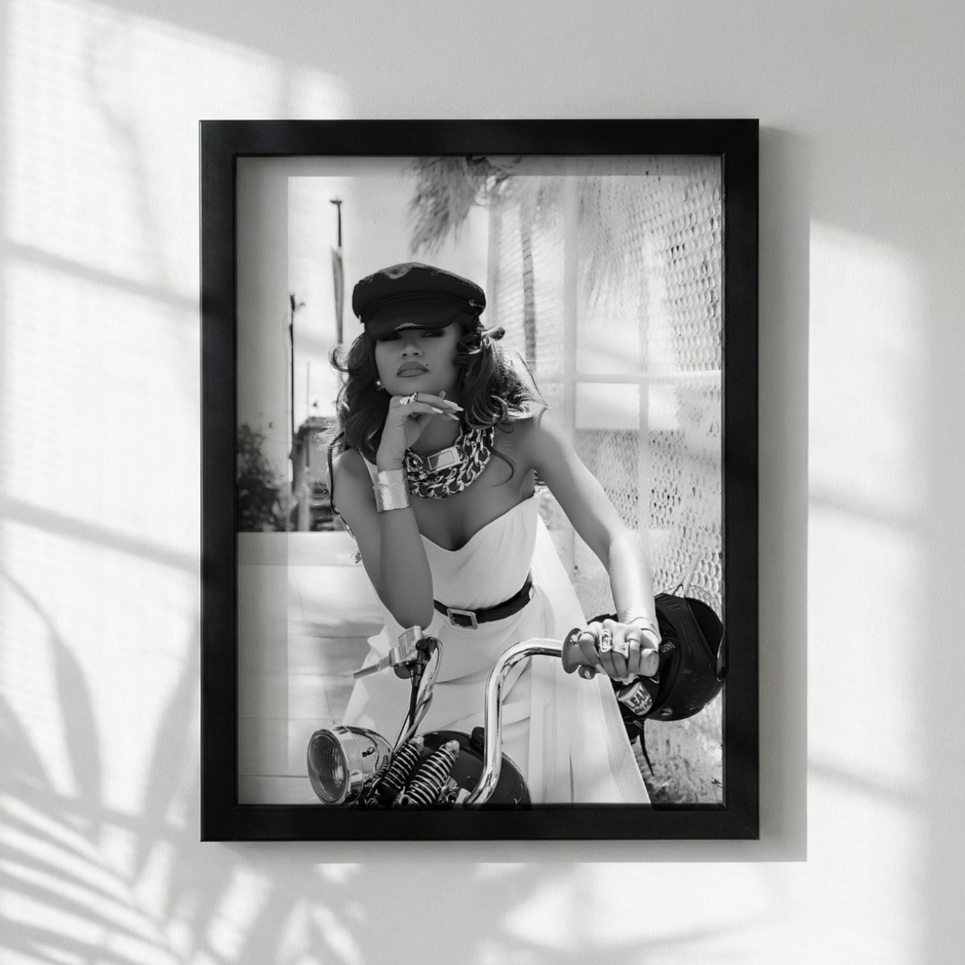 Zendaya | Black White Motorcycle Print | Biker Chic Wall Art | Vintage Glamour Poster | Edgy Fashion Decor