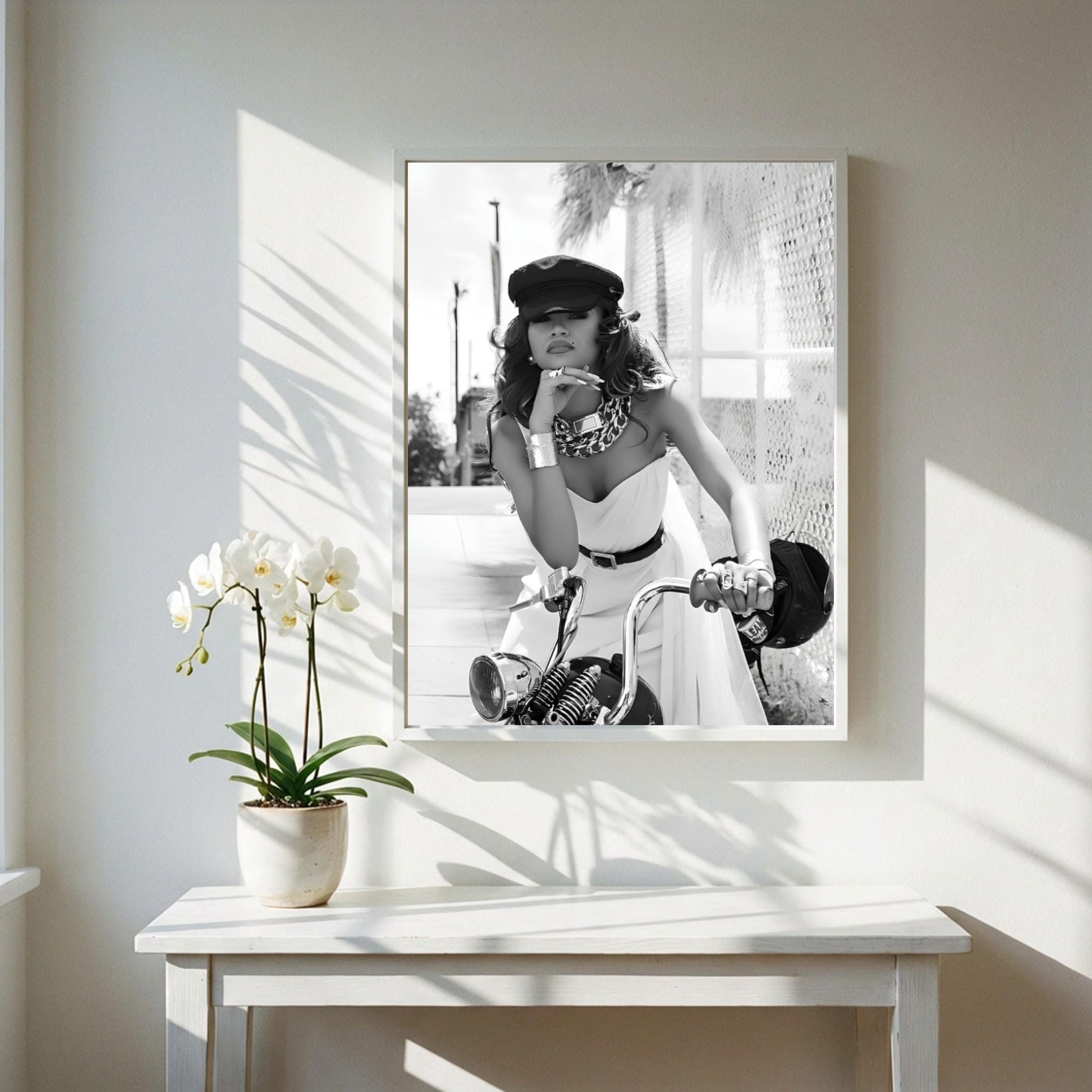 Zendaya | Black White Motorcycle Print | Biker Chic Wall Art | Vintage Glamour Poster | Edgy Fashion Decor